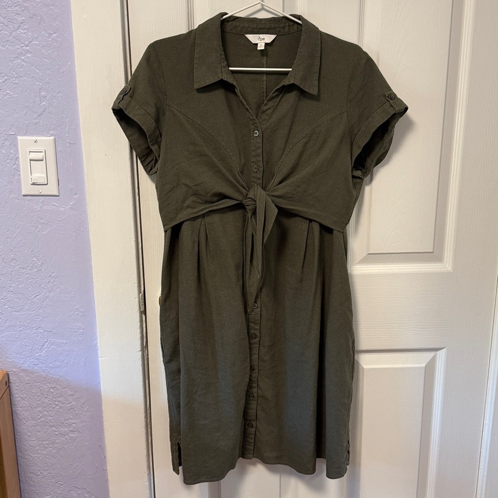 Ripe Maternity | Colette Tie Up Linen Blend Dress in Olive | Size M